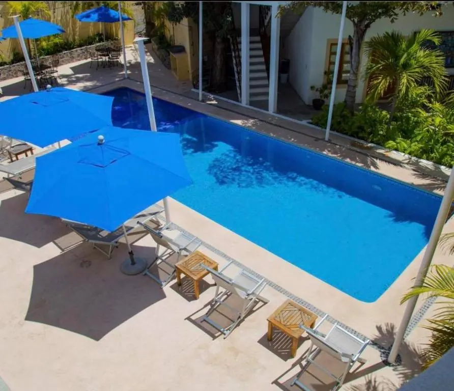 Outdoor pool with sun loungers